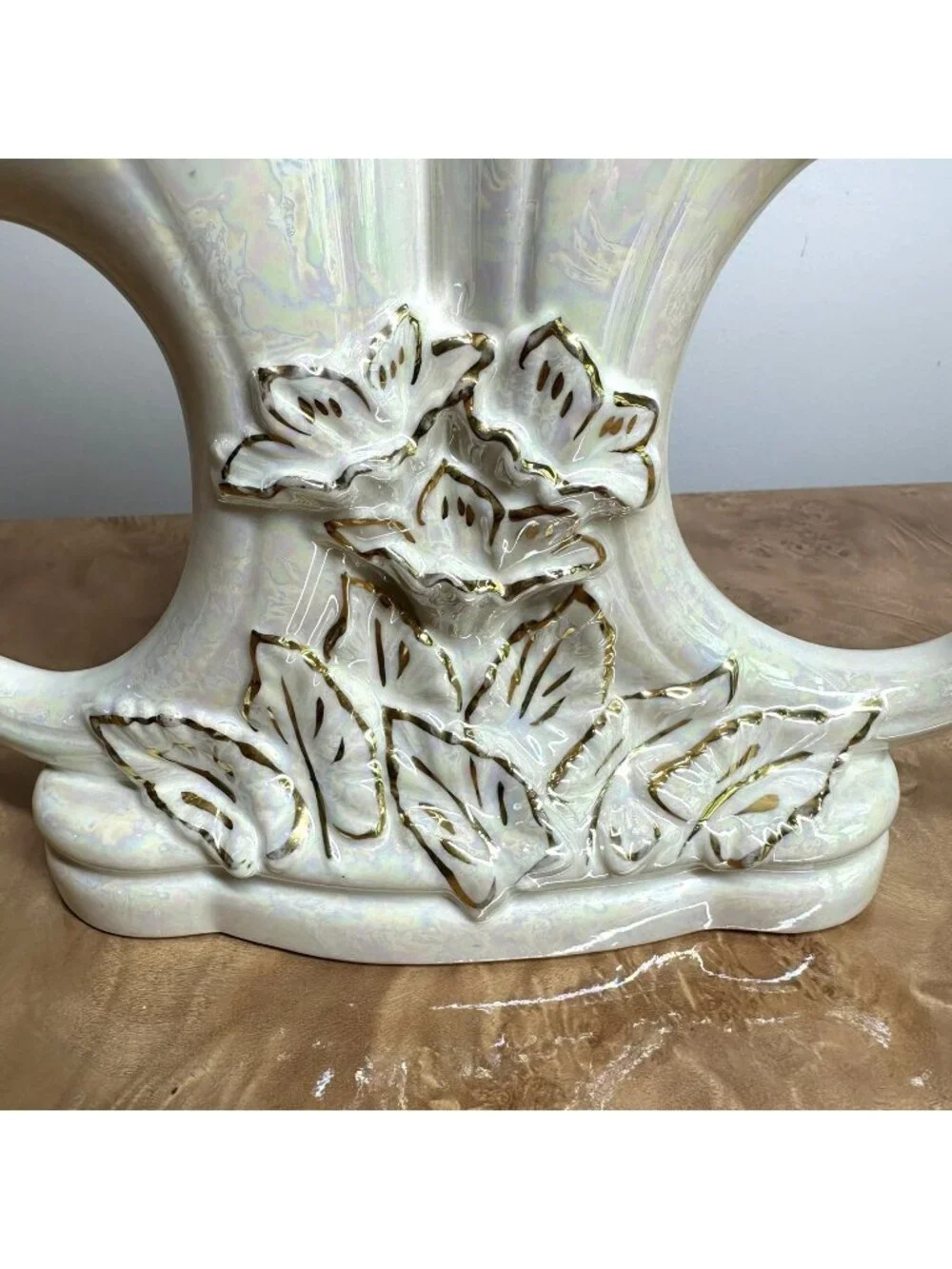 Vintage 22K Gold USA Lustreware Ceramic Lily Vase Iridescent Floral MCM